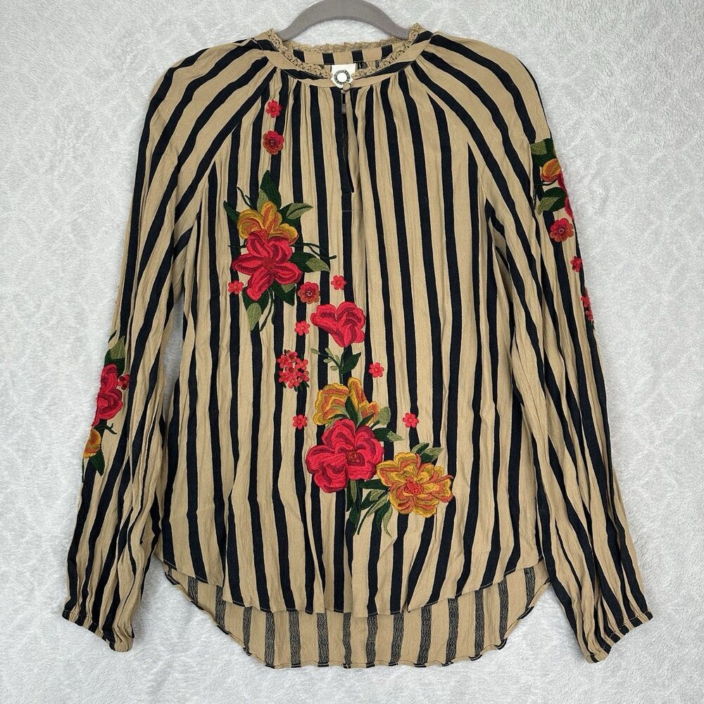 Anthropologie Akemi + Kin Manuela Blouse Womens M Black Tan Stripe Embroidered - Picture 3 of 14